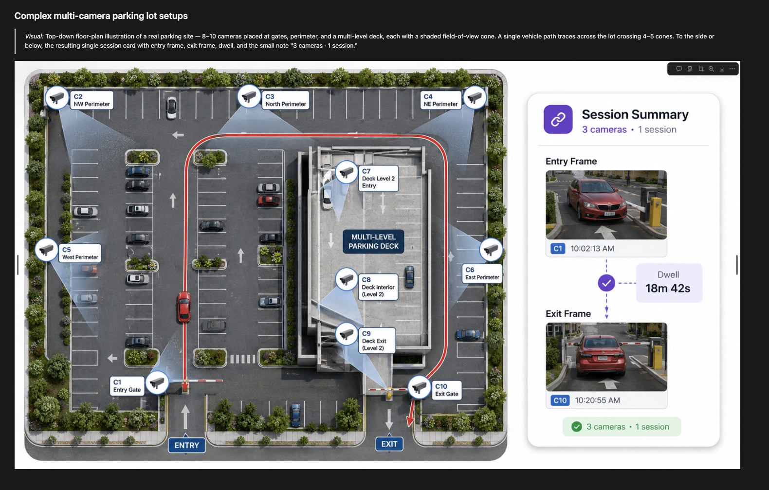 Schematic of a multi-entry and multi-exit parking lot where ten cameras follow one vehicle through gates, perimeter areas, and a multi-level deck